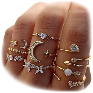 KISS WIFE Golden Stackable Moon Star Knuckle Rings Set for Women Boho Dainty Lightweight Stacking Rings Vintage Midi Rings Pack Trendy Jewelry