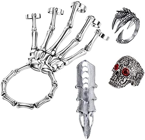 LAKIYOYO 4pcs Halloween Skull Skeleton Hand Bracelet with Ring Punk Wristband Skull Fingers Hand Bracelet Skeleton Ring Hallowmas Gifts Jewelry