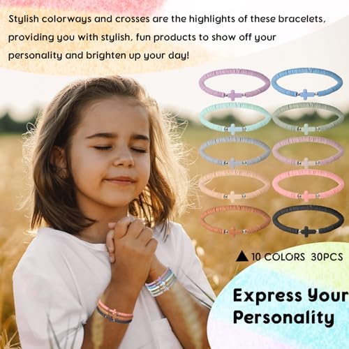Landical 30 Pcs Cross Bracelets Bulk Jesus Bracelets Handmade Elastic Colorful Clay Bead Religious Wristbands Christian Wristbands For Women Kids Sunday Christmas Halloween Non Candy Treat