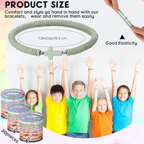 Landical 30 Pcs Cross Bracelets Bulk Jesus Bracelets Handmade Elastic Colorful Clay Bead Religious Wristbands Christian Wristbands For Women Kids Sunday Christmas Halloween Non Candy Treat