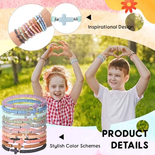 Landical 30 Pcs Cross Bracelets Bulk Jesus Bracelets Handmade Elastic Colorful Clay Bead Religious Wristbands Christian Wristbands For Women Kids Sunday Christmas Halloween Non Candy Treat