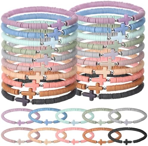 Landical 30 Pcs Cross Bracelets Bulk Jesus Bracelets Handmade Elastic Colorful Clay Bead Religious Wristbands Christian Wristbands for Women Kids Sunday Christmas Halloween Non Candy Treat