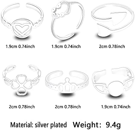 Lauhonmin 6pcs S925 Sterling Silver Open Rings Set Finger Ring Joint Ring Toe Ring Flower Rose Gifts For Boyfriend Girlfriend Best Friends Sisters (A)