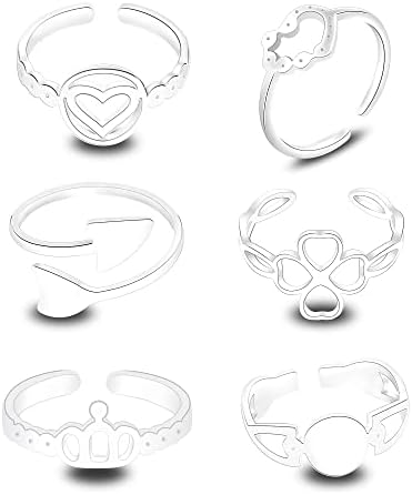 lauhonmin 6pcs S925 Sterling Silver Open Rings Set Finger Ring Joint Ring Toe Ring Flower Rose Gifts For Boyfriend Girlfriend Best Friends Sisters (A)