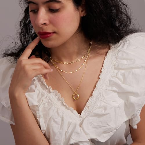 Layered Gold Necklaces For Women Stackable Dainty 14K Gold Silver Plated Trendy Circle Paperclip Chain Pendant Choker Necklace Simpl Diamond Cross Bow Jewelry Set Gifts For Women