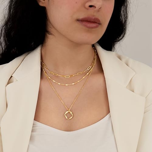 Layered Gold Necklaces For Women Stackable Dainty 14K Gold Silver Plated Trendy Circle Paperclip Chain Pendant Choker Necklace Simpl Diamond Cross Bow Jewelry Set Gifts For Women