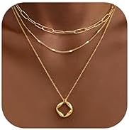 Layered Gold Necklaces for Women Stackable Dainty 14K Gold Silver Plated Trendy Circle Paperclip Chain Pendant Choker Necklace Simpl Diamond Cross Bow Jewelry Set Gifts for Women