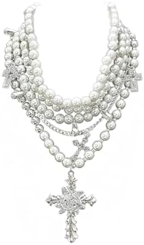 Layered Pearl Necklace Gothic Cross Pearl Stacked Necklace for Women
