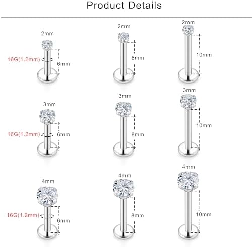 Lcolyoli 16G Tragus Labret Medusa Piercing Jewelry Internally Threaded Stainless Steel Conch Piercing Jewelry Monroe Lip Rings Different Size Cartilage Nail Helix Earring Stud Bar Length 6mm 8mm 10mm