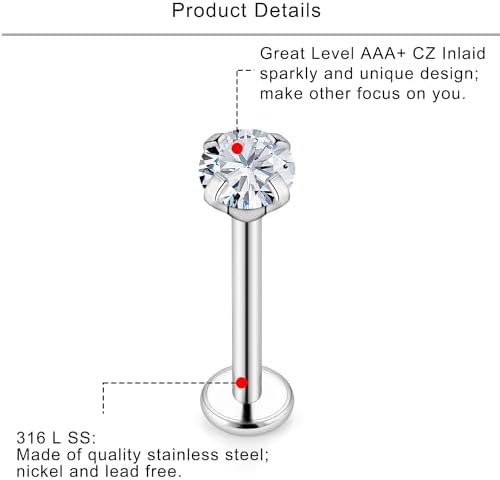 Lcolyoli 16G Tragus Labret Medusa Piercing Jewelry Internally Threaded Stainless Steel Conch Piercing Jewelry Monroe Lip Rings Different Size Cartilage Nail Helix Earring Stud Bar Length 6mm 8mm 10mm