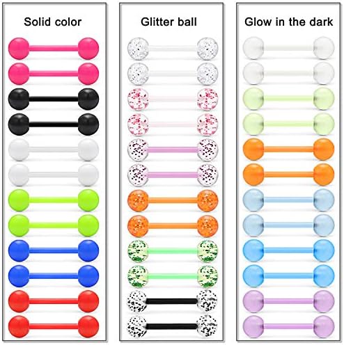Lcolyoli 36Pcs 14G Glow In Dark Flexible Acrylic Straight Tongue Barbell Nipple Ring Retainer Piercing Jewelry For Women Men 16mm Bar