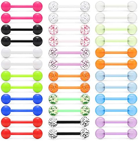 Lcolyoli 36Pcs 14G Glow in Dark Flexible Acrylic Straight Tongue Barbell Nipple Ring Retainer Piercing Jewelry for Women Men 16mm Bar