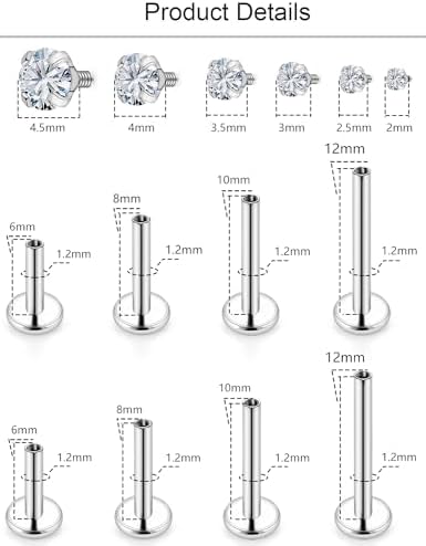 Lcolyoli Medusa Piercing Jewelry Stainless Steel Labret Jewelry Monroe Lip Rings Different Size Tragus Nail Conch Cartilage Helix Earring Stud Bar Length 6mm 8mm 10mm 12mm