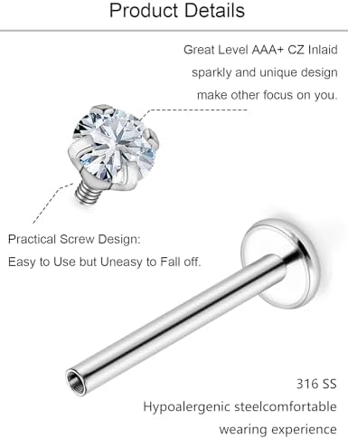 Lcolyoli Medusa Piercing Jewelry Stainless Steel Labret Jewelry Monroe Lip Rings Different Size Tragus Nail Conch Cartilage Helix Earring Stud Bar Length 6mm 8mm 10mm 12mm