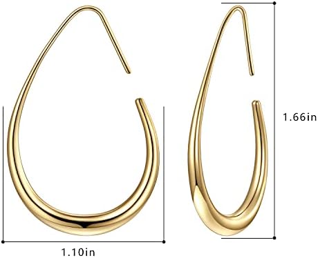 Lightweight Teardrop Hoop Earrings For Women - 14k Gold/White Gold Plated Large Oval Pull Through Hoop Earrings High Polished Statement Jewelry Gift For Women