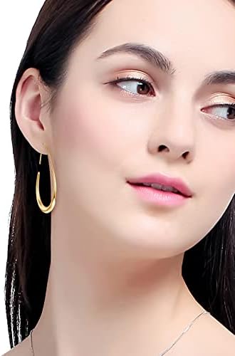 Lightweight Teardrop Hoop Earrings For Women - 14k Gold/White Gold Plated Large Oval Pull Through Hoop Earrings High Polished Statement Jewelry Gift For Women