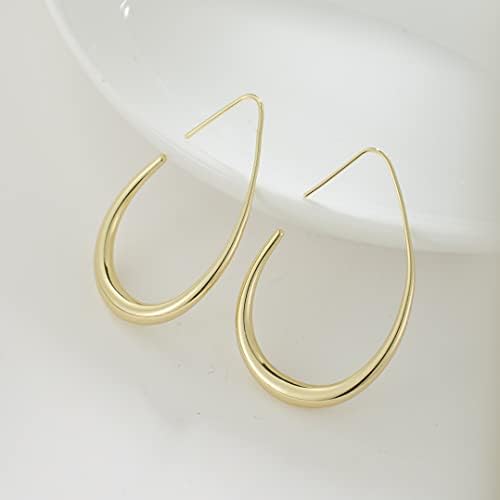 Lightweight Teardrop Hoop Earrings For Women - 14k Gold/White Gold Plated Large Oval Pull Through Hoop Earrings High Polished Statement Jewelry Gift For Women