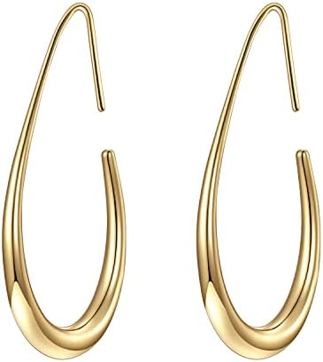 Lightweight Teardrop Hoop Earrings for Women - 14k Gold/White Gold Plated Large Oval Pull Through Hoop Earrings High Polished Statement Jewelry Gift for Women