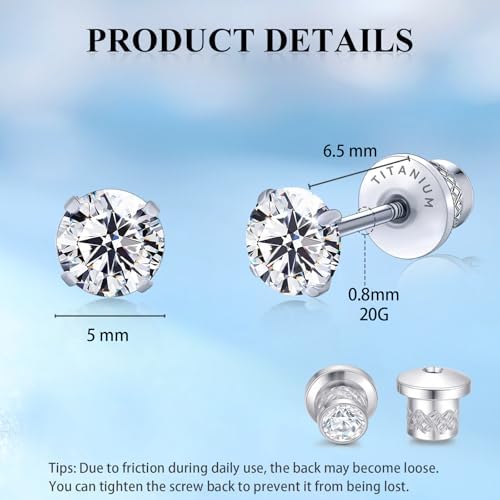 Limerencia Hypoallergenic G23 Implant Grade Titanium Screw Back Earrings Tragus 20G Helix F136 Piercing Post For Sensitive Ears Simulated Diamond Cartilage