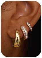 LOLIAS Small 14K Gold Plated Chunky Hoop Earrings for Women Hypoallergenic Silver Earrings Set for Sensitive Ears Non Tarnish Huggie Hoops Earring Stacks for Multiple Piercing Jewelry Lightweight 3Pairs