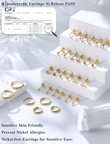 LOLIAS Small Hypoallergenic Flat Back Stud Earrings For Women Men 14K Gold Plated Surgical Stainless Steel Earring Sets Tiny Screw Back Cartilage Earrings For Sensitive Ears