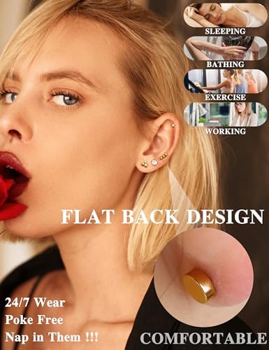 LOLIAS Small Hypoallergenic Flat Back Stud Earrings For Women Men 14K Gold Plated Surgical Stainless Steel Earring Sets Tiny Screw Back Cartilage Earrings For Sensitive Ears