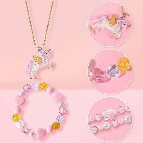 Lorfancy 12 Pcs Kids Bracelet Necklace For Girls Unicorn Mermaid Beaded Bracelets Toddler Cute Charm Play Jewelry Set Little Girls Colorful Friendship Dress Up Gifts