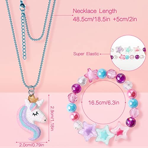 Lorfancy 12 Pcs Kids Bracelet Necklace For Girls Unicorn Mermaid Beaded Bracelets Toddler Cute Charm Play Jewelry Set Little Girls Colorful Friendship Dress Up Gifts