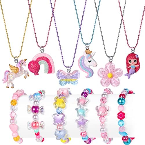 Lorfancy 12 Pcs Kids Bracelet Necklace for Girls Unicorn Mermaid Beaded Bracelets Toddler Cute Charm Play Jewelry Set Little Girls Colorful Friendship Dress up Gifts