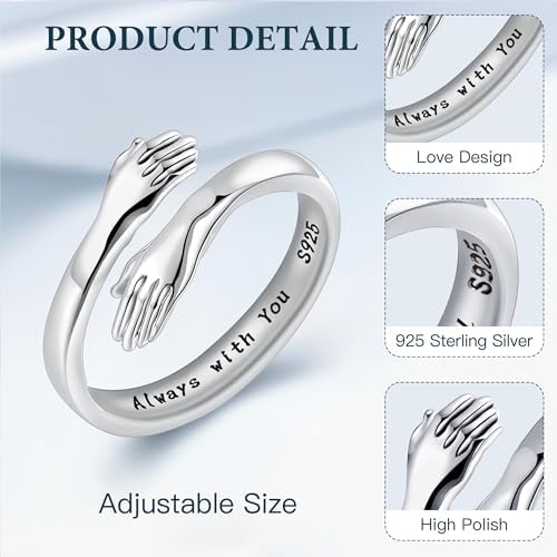 LOVECOM S925 Sterling Silver Hug Rings For Women Adjustable Hugging Hands Open Ring For Men Promise Rings Jewelry Birthday Mothers Day Gifts For Dad Mom Wife Daughters Grandma Best Friend