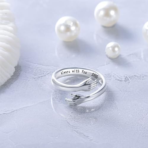 LOVECOM S925 Sterling Silver Hug Rings For Women Adjustable Hugging Hands Open Ring For Men Promise Rings Jewelry Birthday Mothers Day Gifts For Dad Mom Wife Daughters Grandma Best Friend