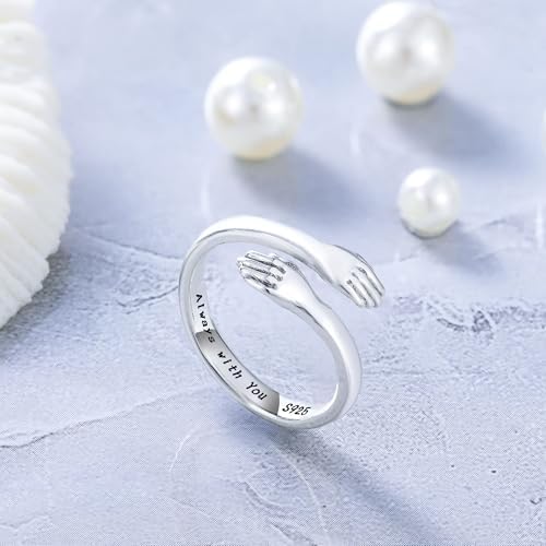 LOVECOM S925 Sterling Silver Hug Rings For Women Adjustable Hugging Hands Open Ring For Men Promise Rings Jewelry Birthday Mothers Day Gifts For Dad Mom Wife Daughters Grandma Best Friend