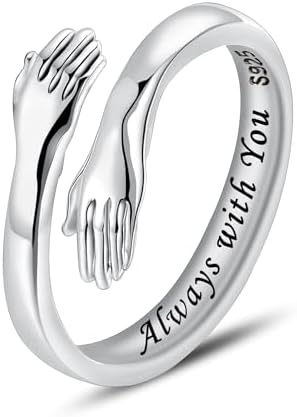 LOVECOM S925 Sterling Silver Hug Rings for Women Adjustable Hugging Hands Open Ring for Men Promise Rings Jewelry Birthday Mothers Day Gifts for Dad Mom Wife Daughters Grandma Best Friend