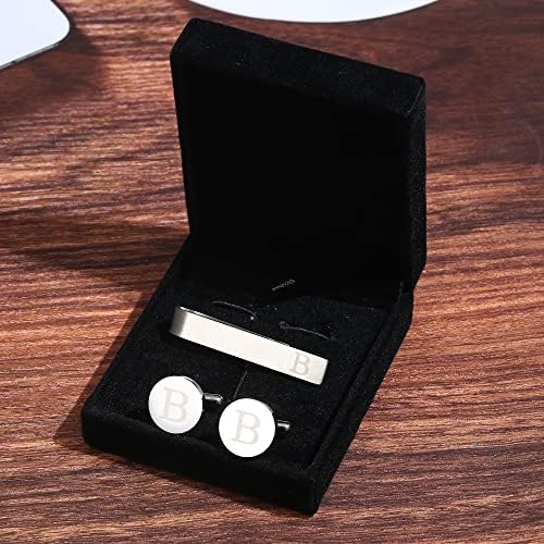 LOYALLOOK Stainless Steel Engraved Initial Cufflinks And Tie Clip Bar Set Alphabet Letter With Gift Box A-Z