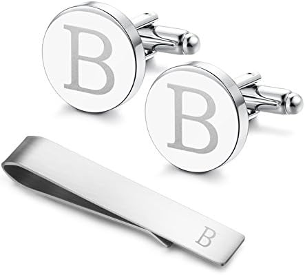 LOYALLOOK Stainless Steel Engraved Initial Cufflinks and Tie Clip Bar Set Alphabet Letter With Gift Box A-Z