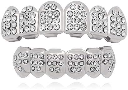 LuReen 14k Gold 6 Teeth Grillz Hip Hop Joker Diamond Top & Bottom Teeth Caps Grillz Set for Teeth Rapper Halloween Costume Cosplay