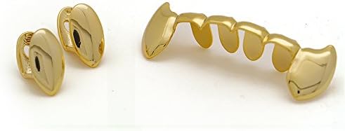 LuReen 14k Gold Vampire Dracula Teeth Grillz 2pc Single Fangs And 6 Bottom Grillz Set For Halloween Costume Cosplay