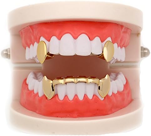 LuReen 14k Gold Vampire Dracula Teeth Grillz 2pc Single Fangs and 6 Bottom Grillz Set for Halloween Costume Cosplay