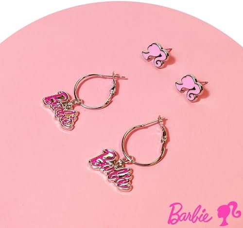 LUV HER Barbie Hypoallergenic Earrings For Girls - Hot Pink Stud Earrings & Fishhook Drop Earring Set With Charms - One Size Fits Most - Barbie Accessories For Girls Ages 4+