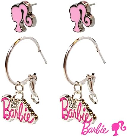 LUV HER Barbie Hypoallergenic Earrings For Girls - Hot Pink Stud Earrings & Fishhook Drop Earring Set With Charms - One Size Fits Most - Barbie Accessories For Girls Ages 4+