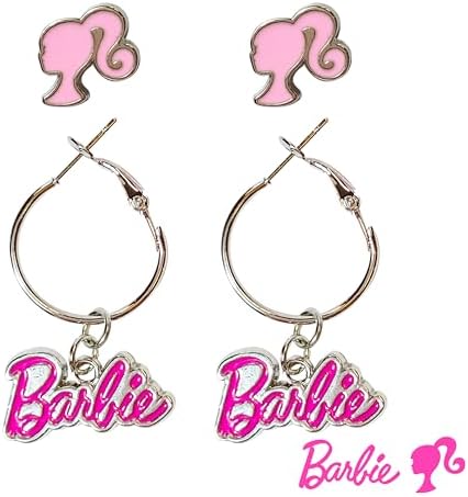LUV HER Barbie Hypoallergenic Earrings for Girls - Hot Pink Stud Earrings & Fishhook Drop Earring Set with Charms - One Size Fits Most - Barbie Accessories for Girls Ages 4+