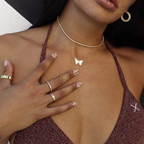 Luxval Tennis Necklace 14K Gold Plated Rhinestone Butterfly Choker Necklaces For Women Dainty Zirconia Cut Faux Diamond Chain 3mm