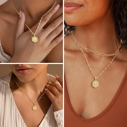 M MOOHAM Dainty Initial Necklaces For Women - Layering Necklace For Women Cute Hexagon Letter Initial Necklace Layered Necklaces For Womens Gifts