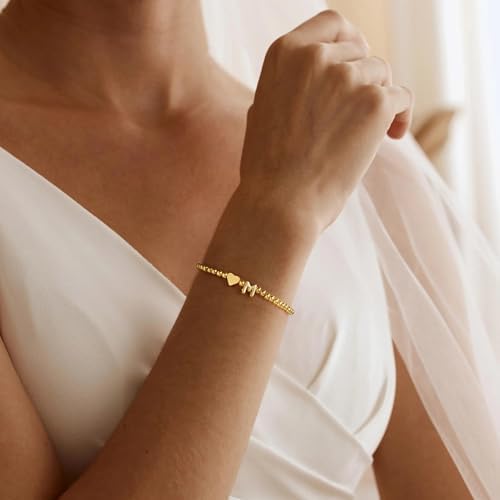 M MOOHAM Heart Initial Bracelet For Women - Dainty Gold Beaded Bracelets For Women Trendy Charm Letter A-Z Personalized Heart Jewelry Gifts