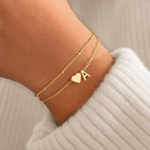 M MOOHAM Initial Heart Bracelets For Women - Layered Dainty 14K-Gold-Plated Heart Letter A-Z Charm Bracelets For Women Chain Link Charm Bracelets Beaded Bracelets Birthday Gifts Womens Jewelry