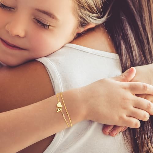 M MOOHAM Initial Heart Bracelets For Women - Layered Dainty 14K-Gold-Plated Heart Letter A-Z Charm Bracelets For Women Chain Link Charm Bracelets Beaded Bracelets Birthday Gifts Womens Jewelry