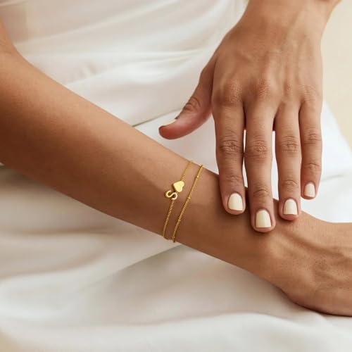 M MOOHAM Initial Heart Bracelets For Women - Layered Dainty 14K-Gold-Plated Heart Letter A-Z Charm Bracelets For Women Chain Link Charm Bracelets Beaded Bracelets Birthday Gifts Womens Jewelry