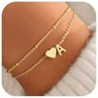 M MOOHAM Initial Heart Bracelets for Women - Layered Dainty 14K-Gold-Plated Heart Letter A-Z Charm Bracelets for Women Chain Link Charm Bracelets Beaded Bracelets Birthday Gifts Womens Jewelry
