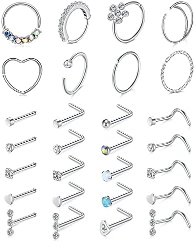 Mayhoop 20g Nose Rings Hoops And Studs For Women Men - Hypoallergenic 316L Surgical Stainless Steel L Shape Nose Screw Bone Silver Rose Gold Black Rainbow Pack 28Pcs