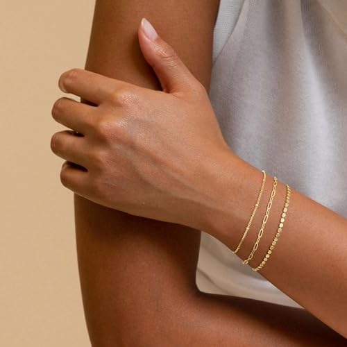 MBW Gold Bracelets For Women Trendy Dainty 14K Gold Plated Bracelet Stack Beaded Chain Bracelet Set Thin Small Cute Paperclip Bracelets Fashion Waterproof Jewelry Gift Gold Accessories For Women